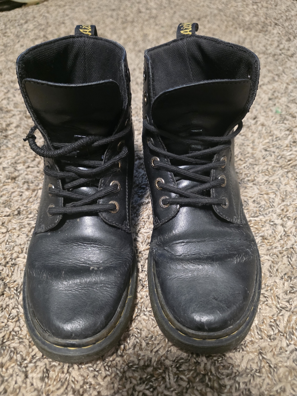Dr. Martens Black Leather Lace-Up Boots with Yellow Stitching